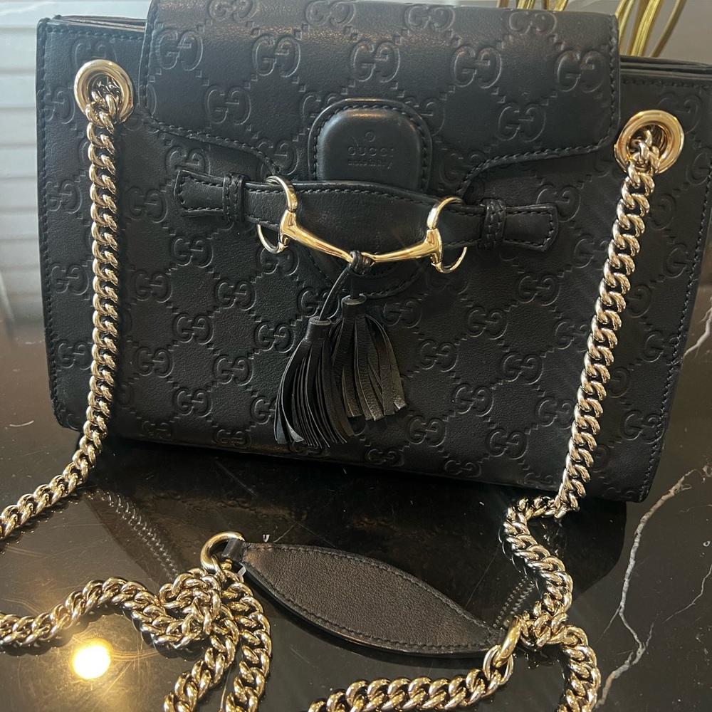 Gucci Black Embossed Leather Shoulder Bag with Gold Chain